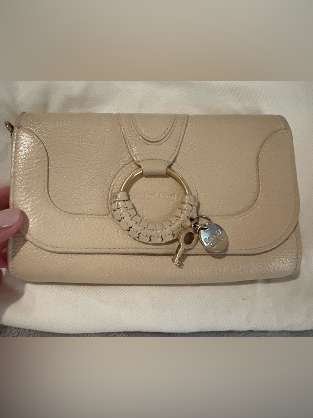 See By Chloé Beige Leather Crossbody compact Wallet with Braided Ring Detail